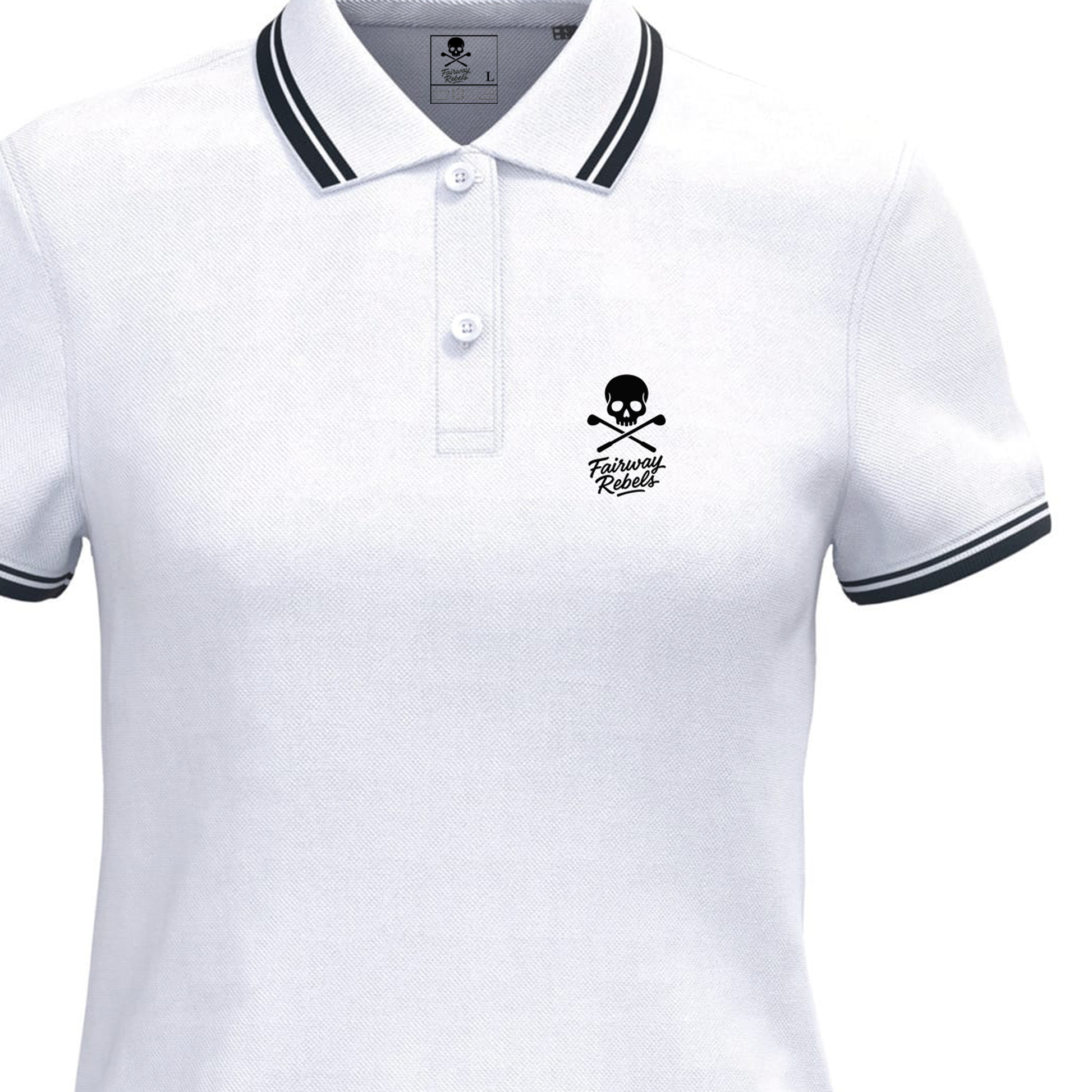 Polo de golf Femme Blanc lisérés Bleu Marine - Fairway Rebels golf