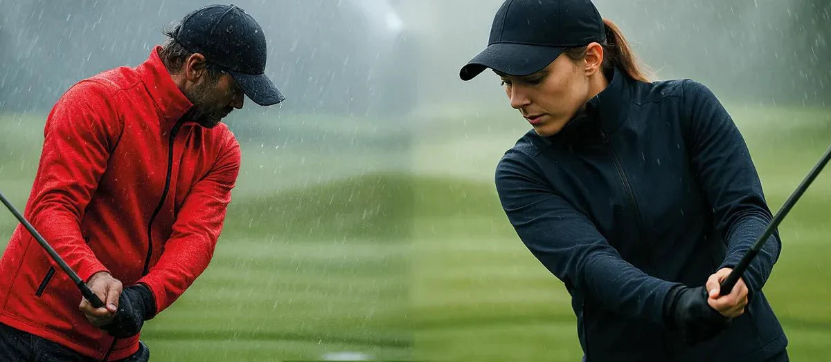 Couple jouant au golf sous la pluie en vestes imperméables, vêtements techniques golf