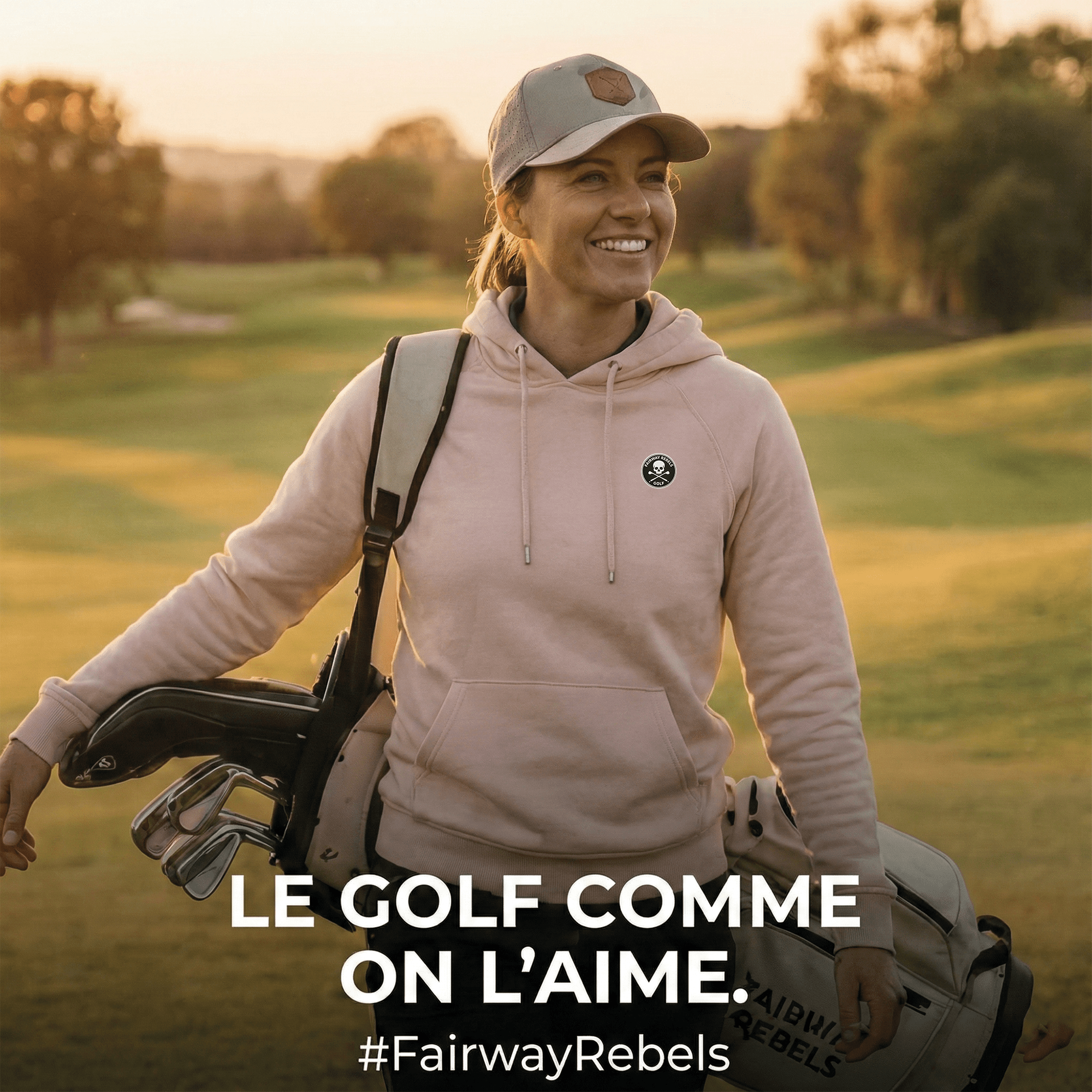 Femme souriante en hoodie et casquette sur un parcours de golf au coucher du soleil, sac de clubs à l’épaule