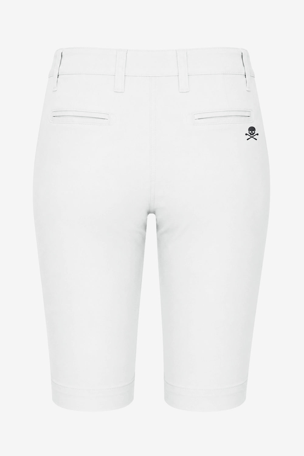 Bermuda chino femme de golf blanc, taille à passants, poches latérales et pli.