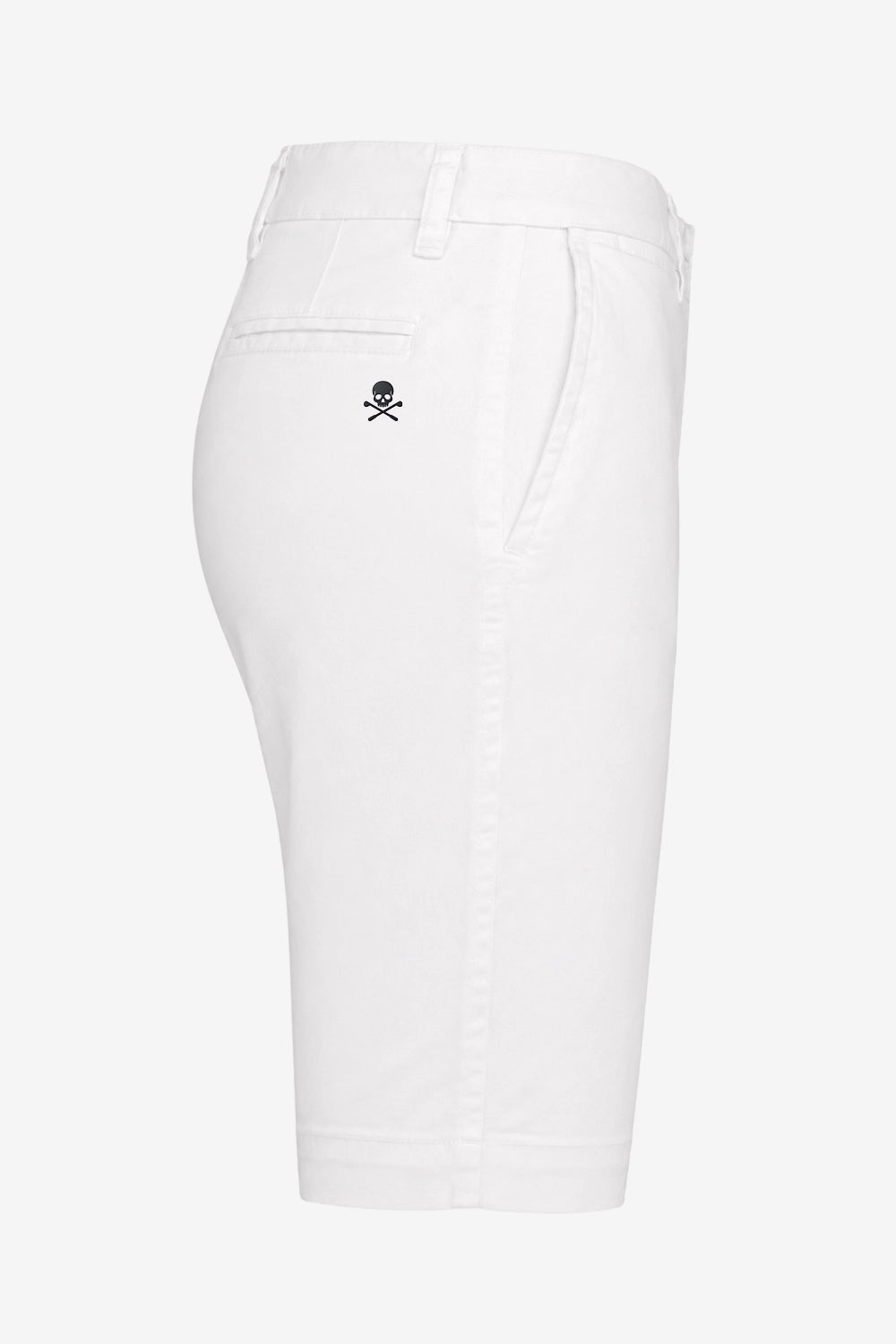 Bermuda de golf femme en chino blanc, coupe droite, logo tête de mort discret