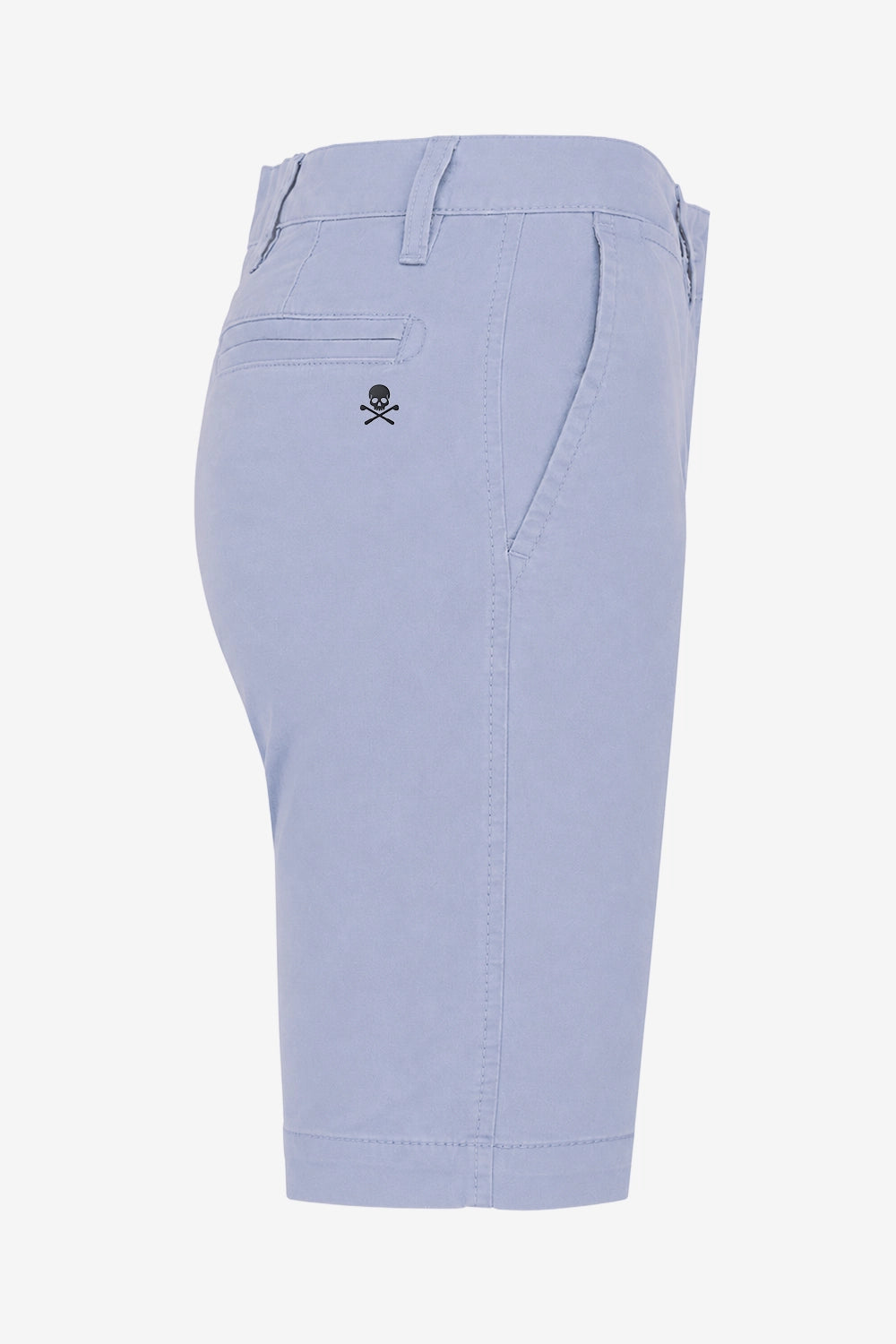 Bermuda de golf femme en chino bleu clair, taille avec passants, logo tête de mort