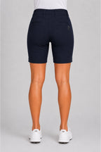Bermuda chino de golf femme bleu marine, vue arrière, poches et logo tête de mort