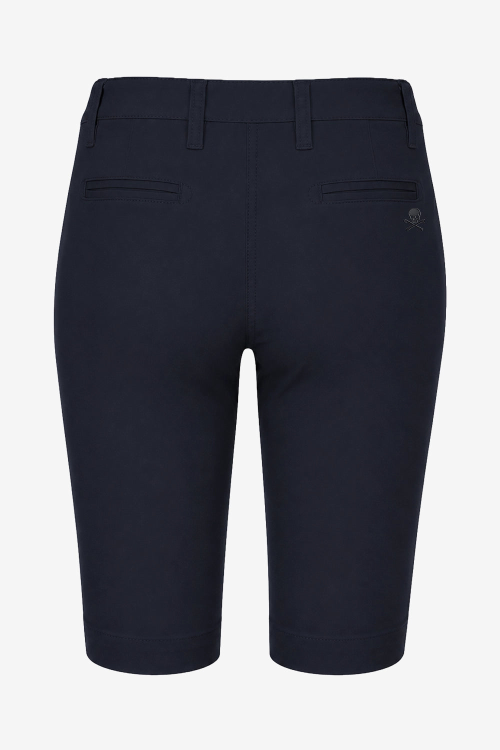 Bermuda chino femme de golf bleu nuit, taille à passants, poches latérales et pli.