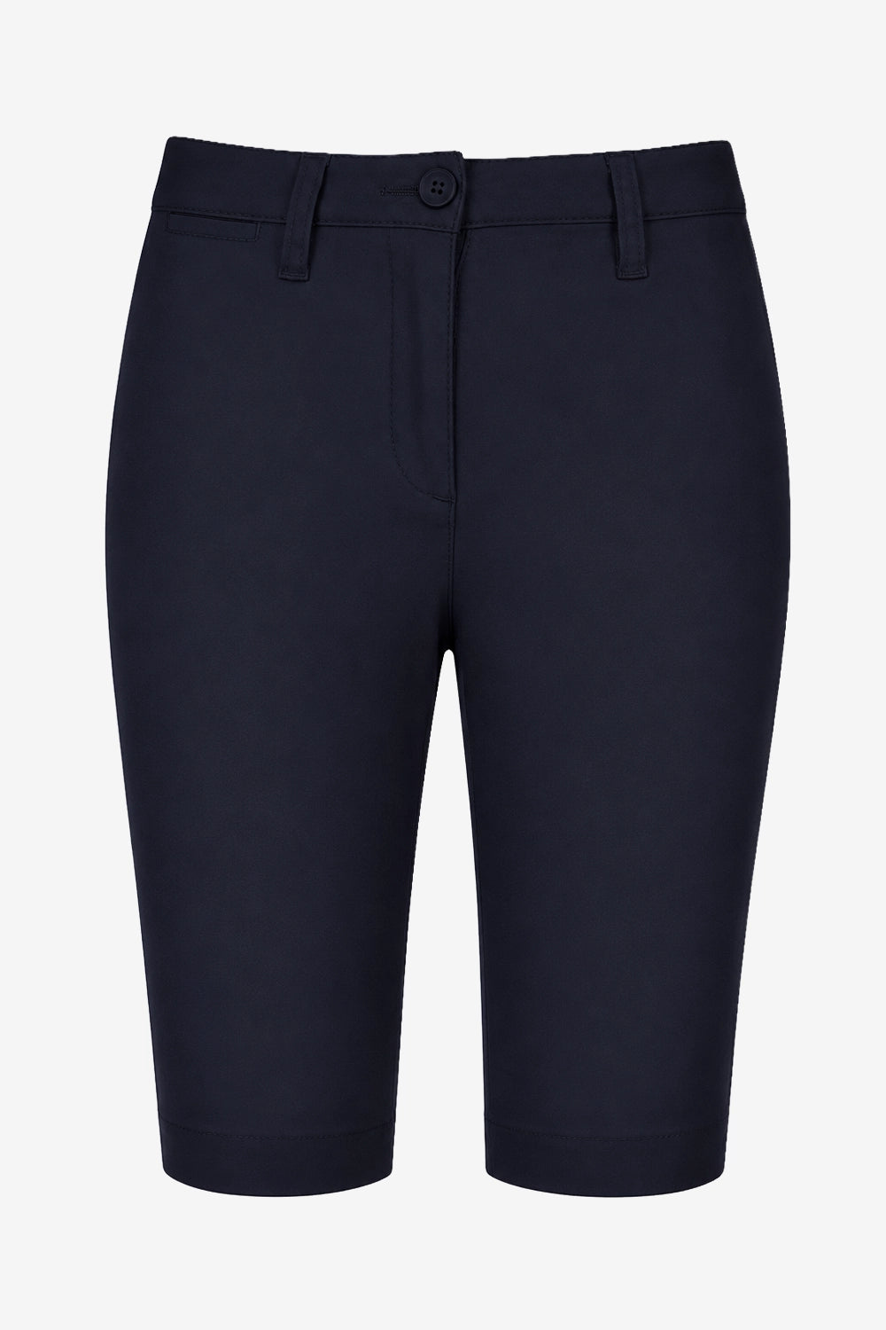 Bermuda chino pour femme bleu marine, passants et poches sur l’avant