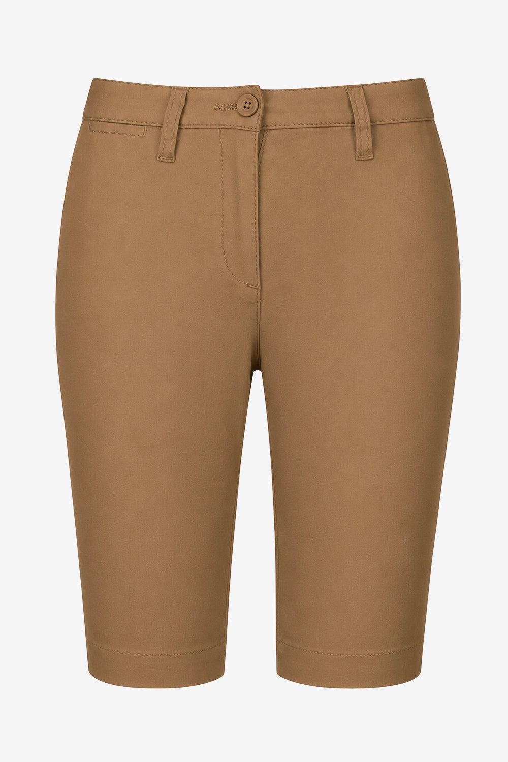 Bermuda chino pour femme camel, passants et poches sur l’avant