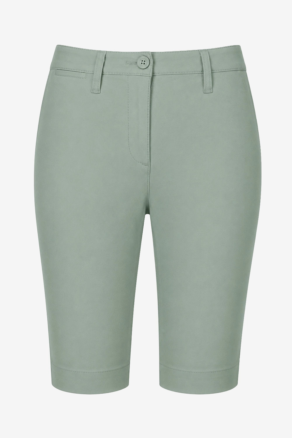 Bermuda chino pour femme vert sauge, passants et poches sur l’avant