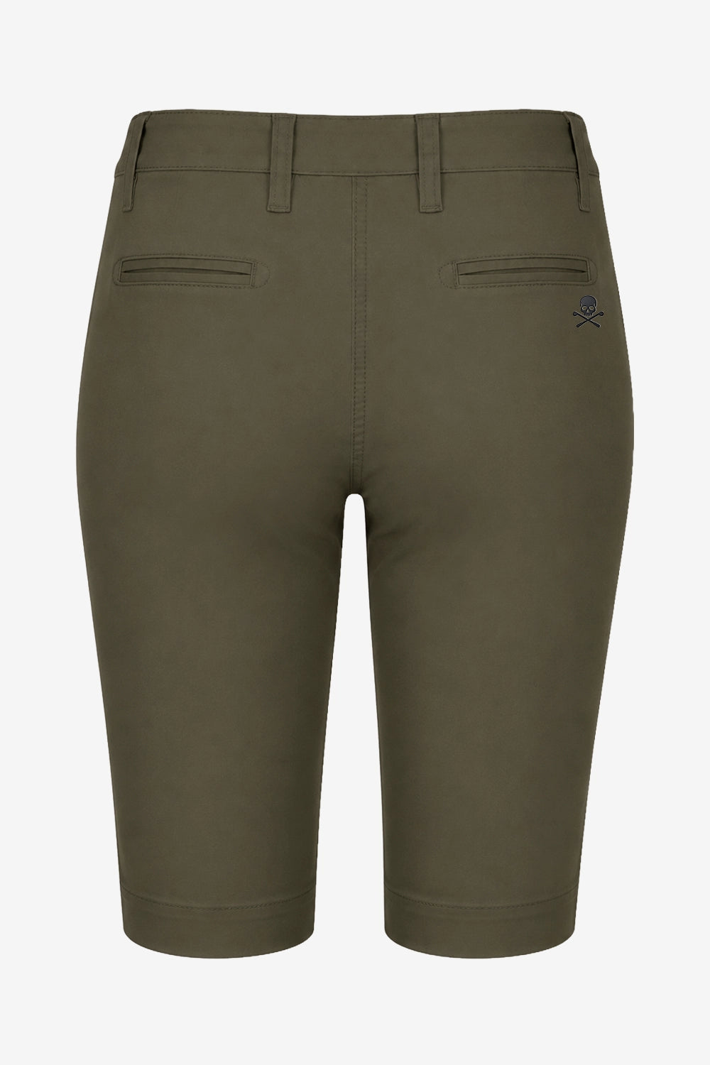 Bermuda chino femme de golf vert foncé, taille à passants, poches latérales et pli.
