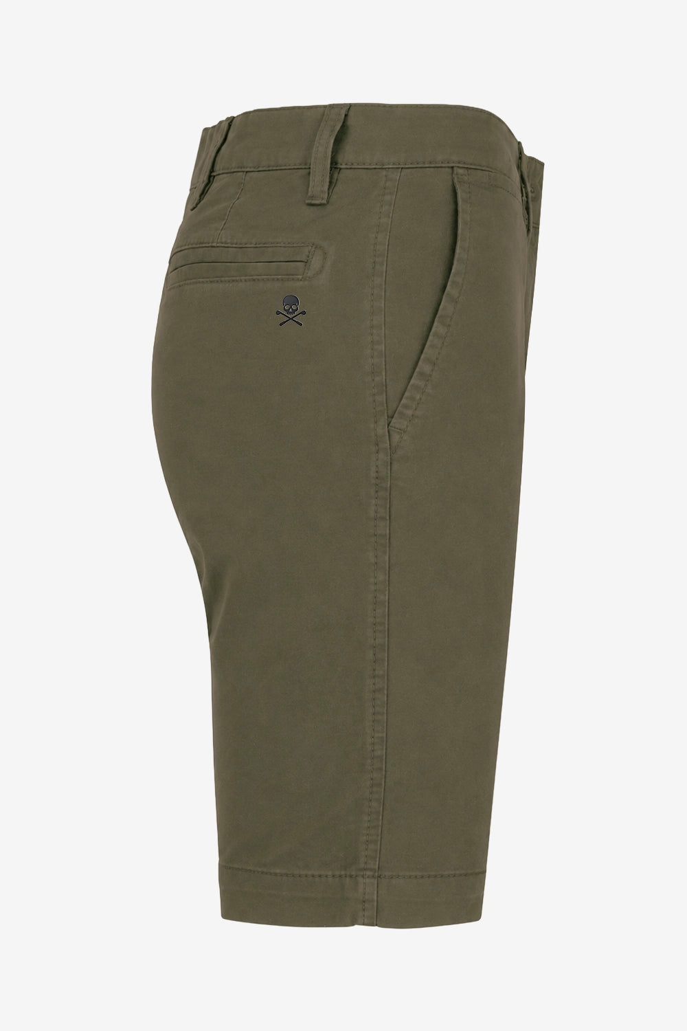 Bermuda de golf femme en chino kaki foncé, coupe droite, logo tête de mort