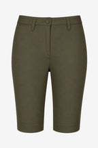 Bermuda chino pour femme vert olive, passants et poches sur l’avant