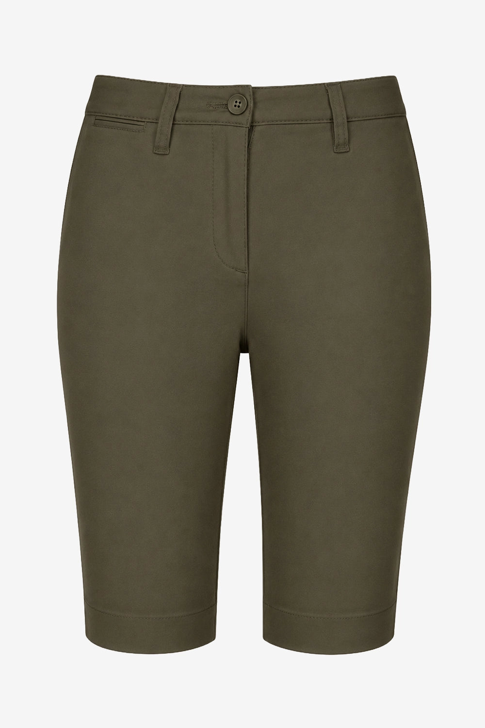 Bermuda chino pour femme vert olive, passants et poches sur l’avant