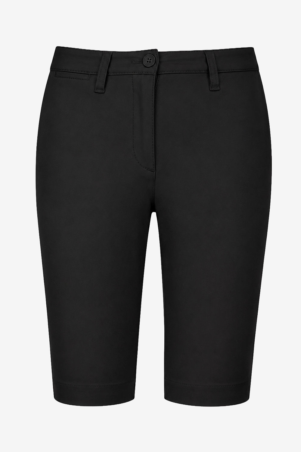 Bermuda chino femme noir, fermeture boutonnée et poches, coupe droite, longueur genou.
