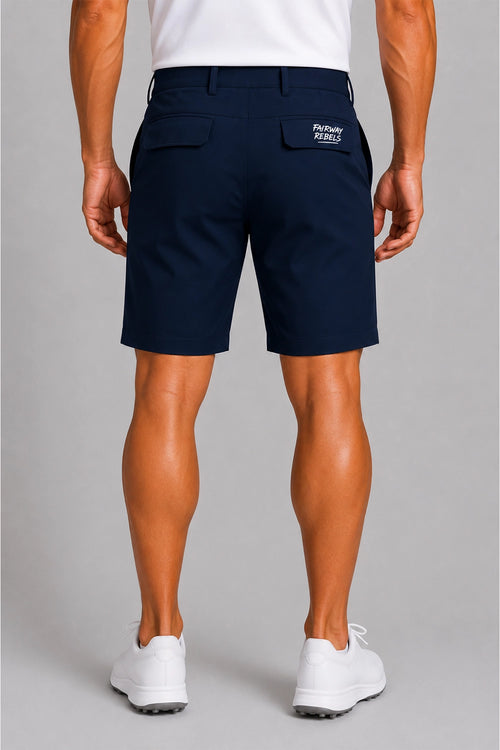 Bermuda de golf homme bleu marine, vue arrière, poches arrière et étiquette.