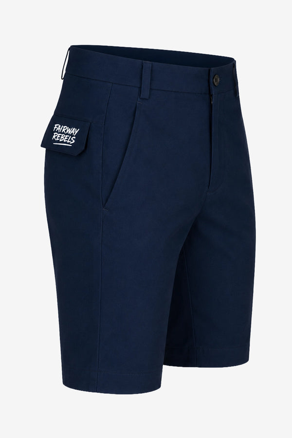 Bermuda de golf homme bleu marine, fermeture boutonnée, poches, écusson “FAIRWAY REBELS”.