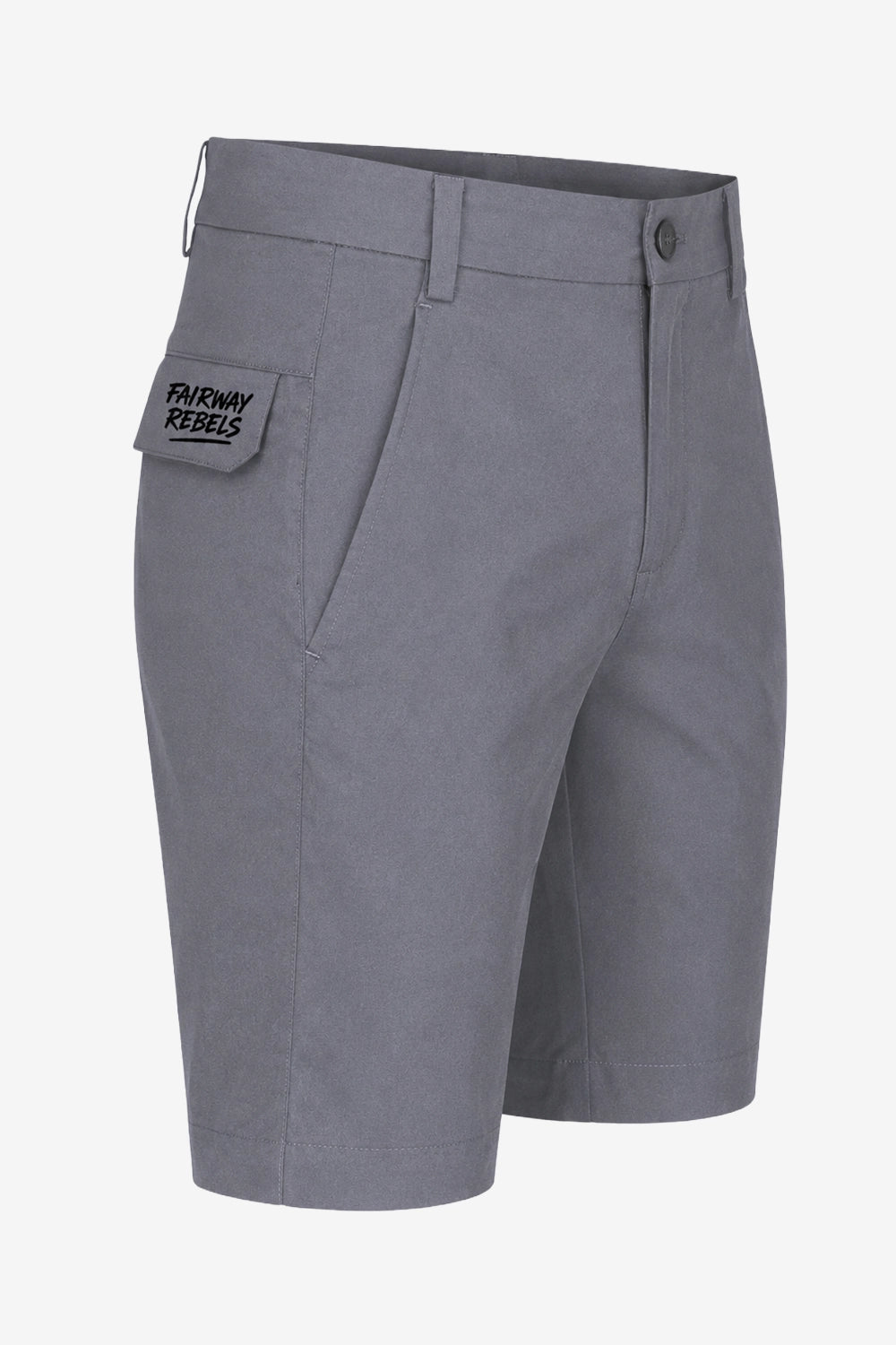 Bermuda de golf homme gris, logo FARWAY REBELS sur poche, passants et taille mi-haute