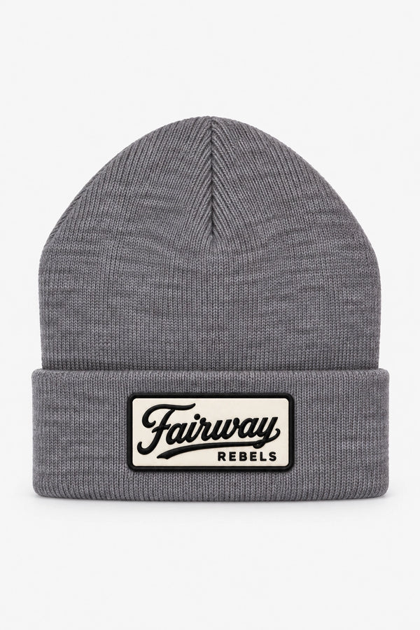 Bonnet de golf gris à revers côtelé, logo Fairway Rebels sur étiquette rectangulaire