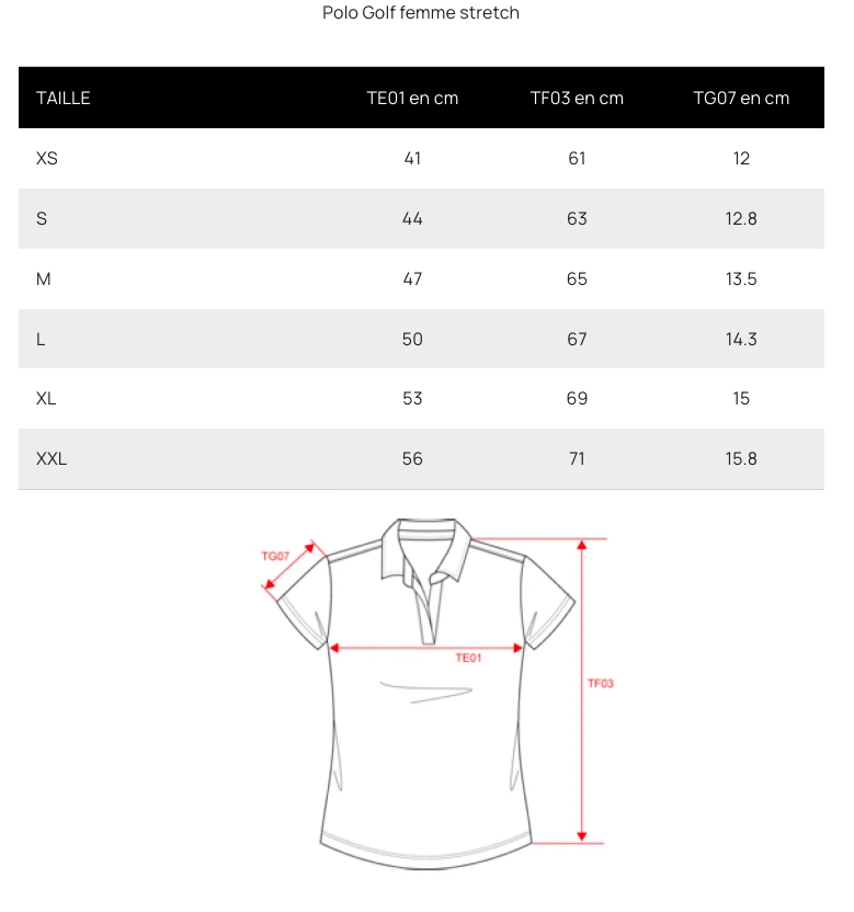 Tableau des tailles du polo golf femme stretch : XS à 2XL, mesures en cm
