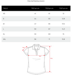 Tableau des tailles du polo golf femme stretch : XS à 2XL, mesures en cm