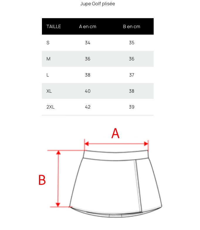 Tableau des tailles de la jupe golf plissée : S à 2XL, A et B en cm