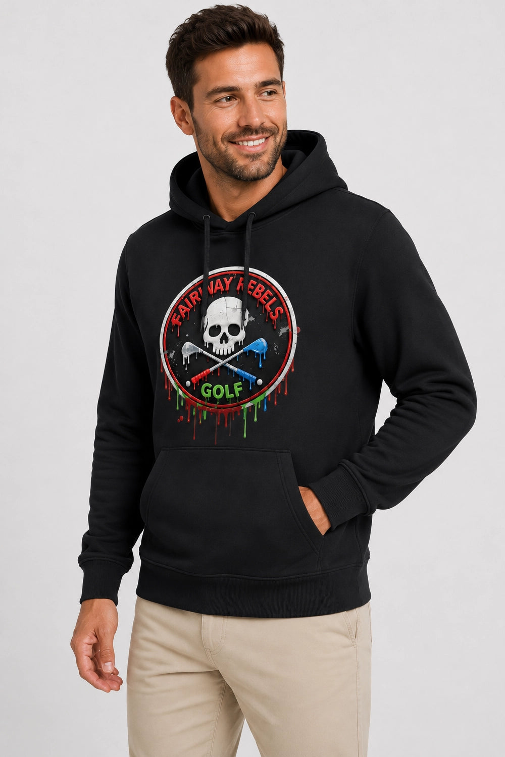 Sweat de golf à capuche noir, impression crâne multicolore « Fairway Rebels »
