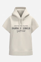 Sweat à capuche sans manches beige, vue de face avec imprimé poitrine et cordons