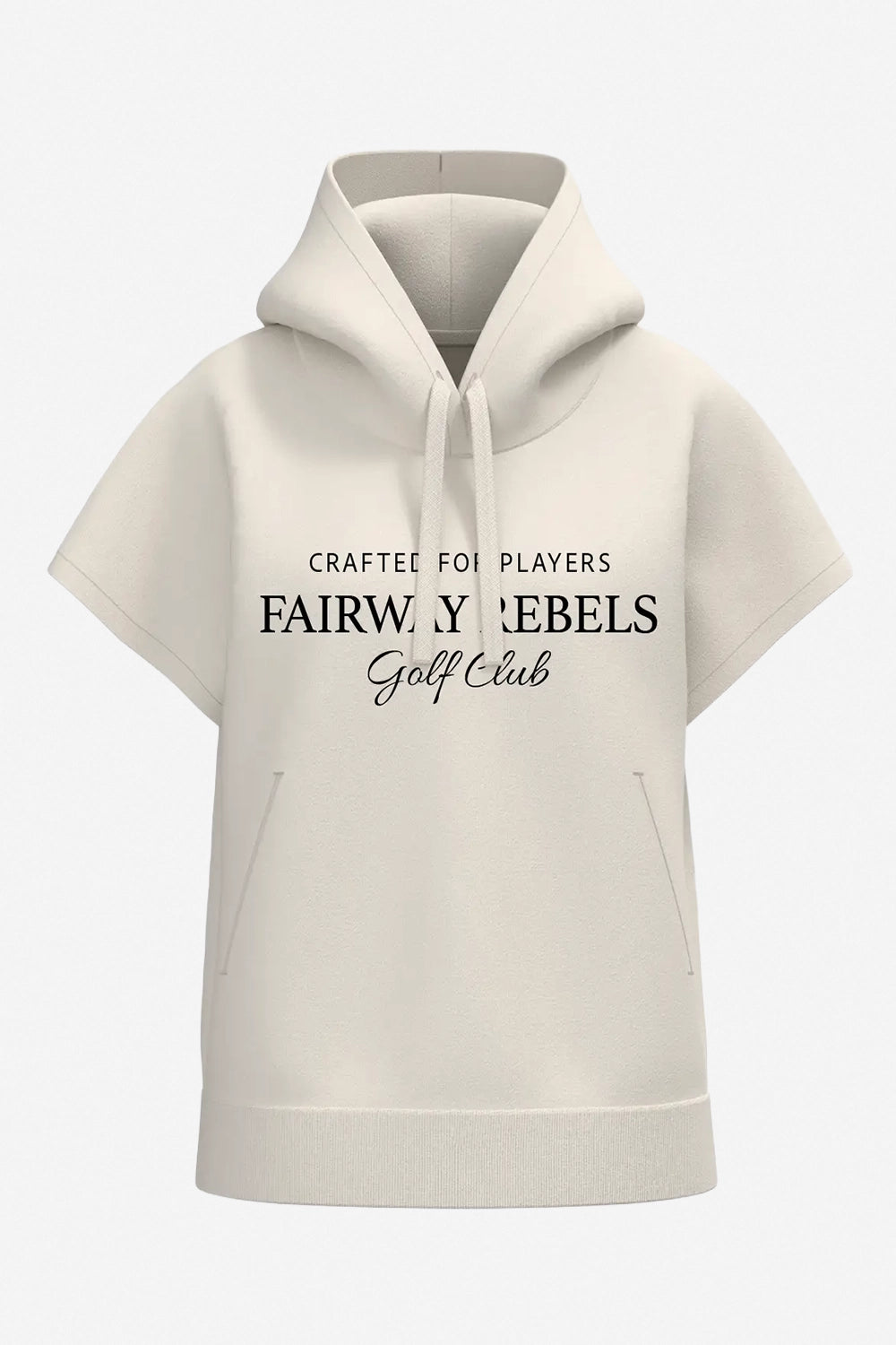 Sweat à capuche sans manches beige, vue de face avec imprimé poitrine et cordons