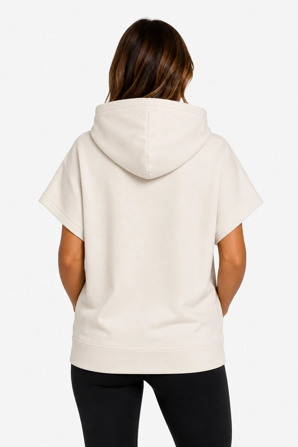 Sweat à capuche oversize sans manches beige, vue dos avec capuche et poche