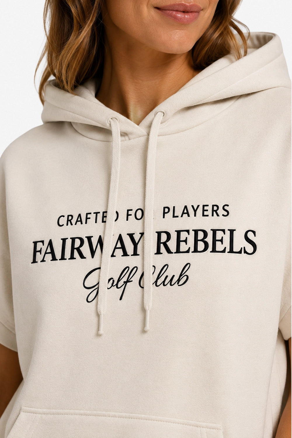 Sweat à capuche sans manches beige, gros plan imprimé « FAIRWAY REBELS Golf Club »