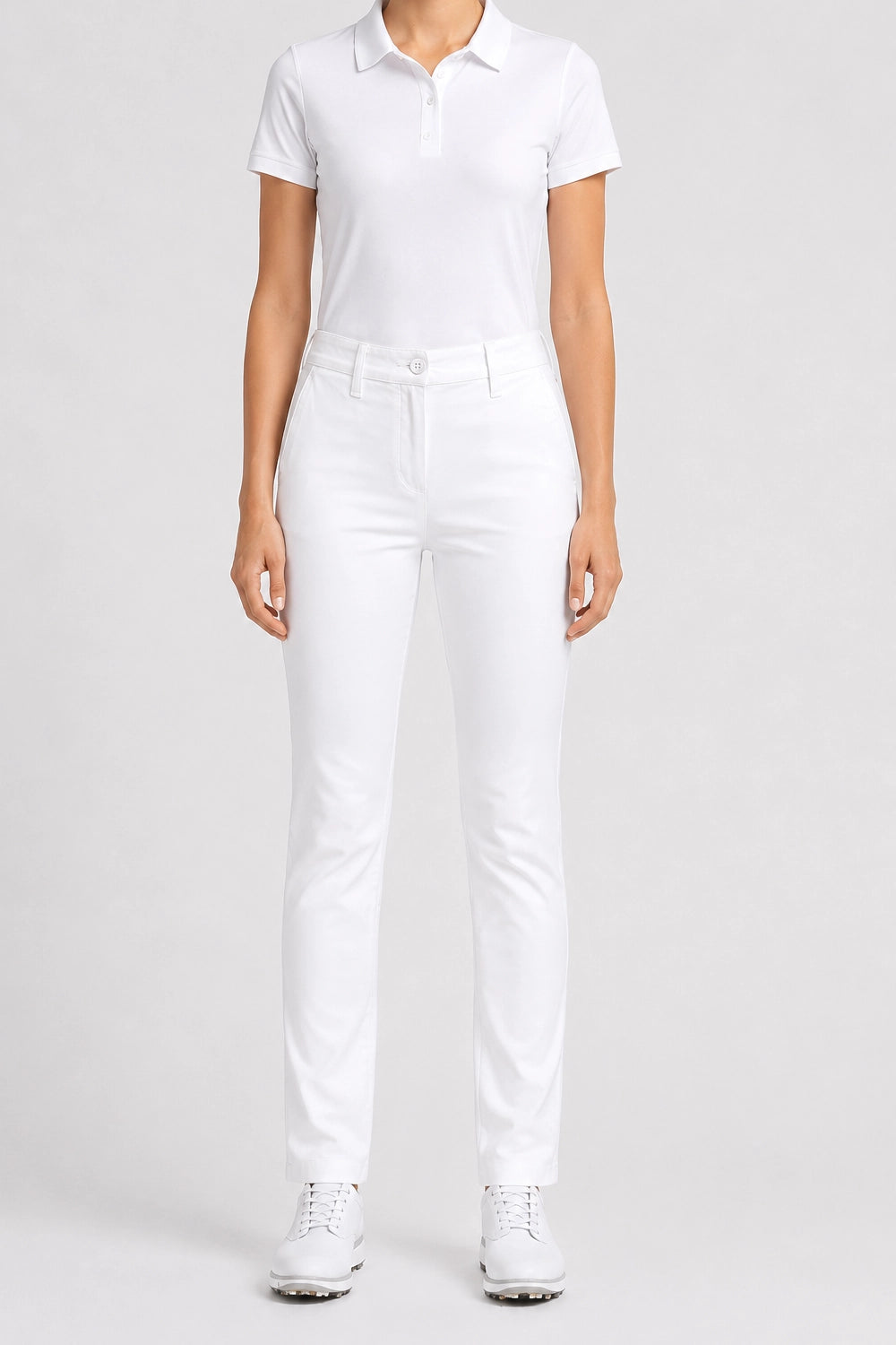 Pantalon de golf chino blanc pour femme, coupe droite, fermeture boutonnée, poches.