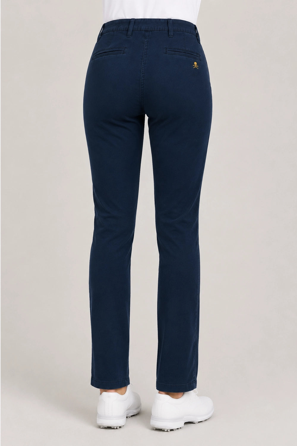 Pantalon chino de golf femme bleu marine, vue de dos sur la jambe, coupe droite
