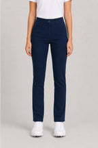 Pantalon chino de golf femme bleu marine, vue de face, coupe droite, poches avant visibles
