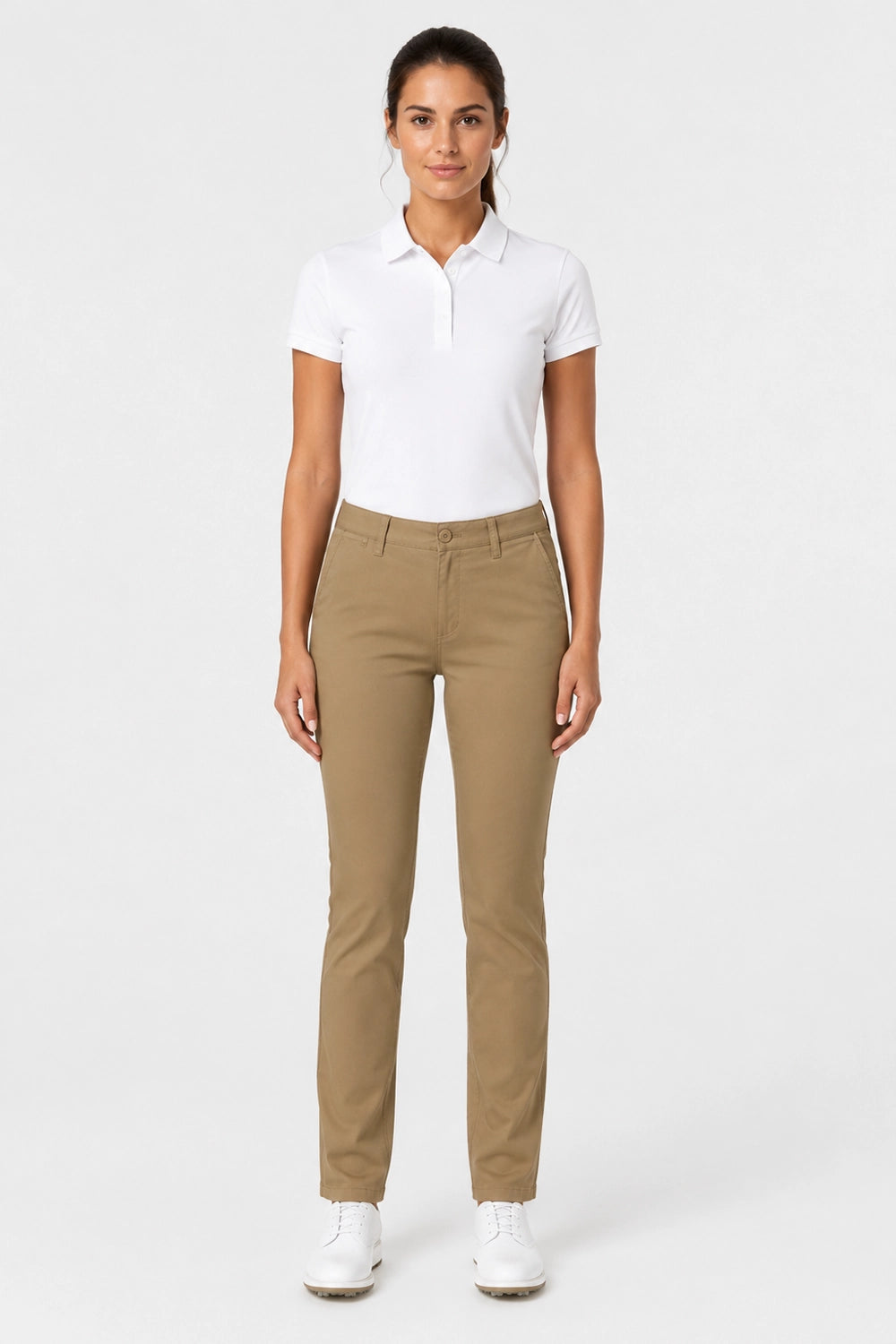 Pantalon chino de golf femme beige camel, coupe droite, longueur cheville