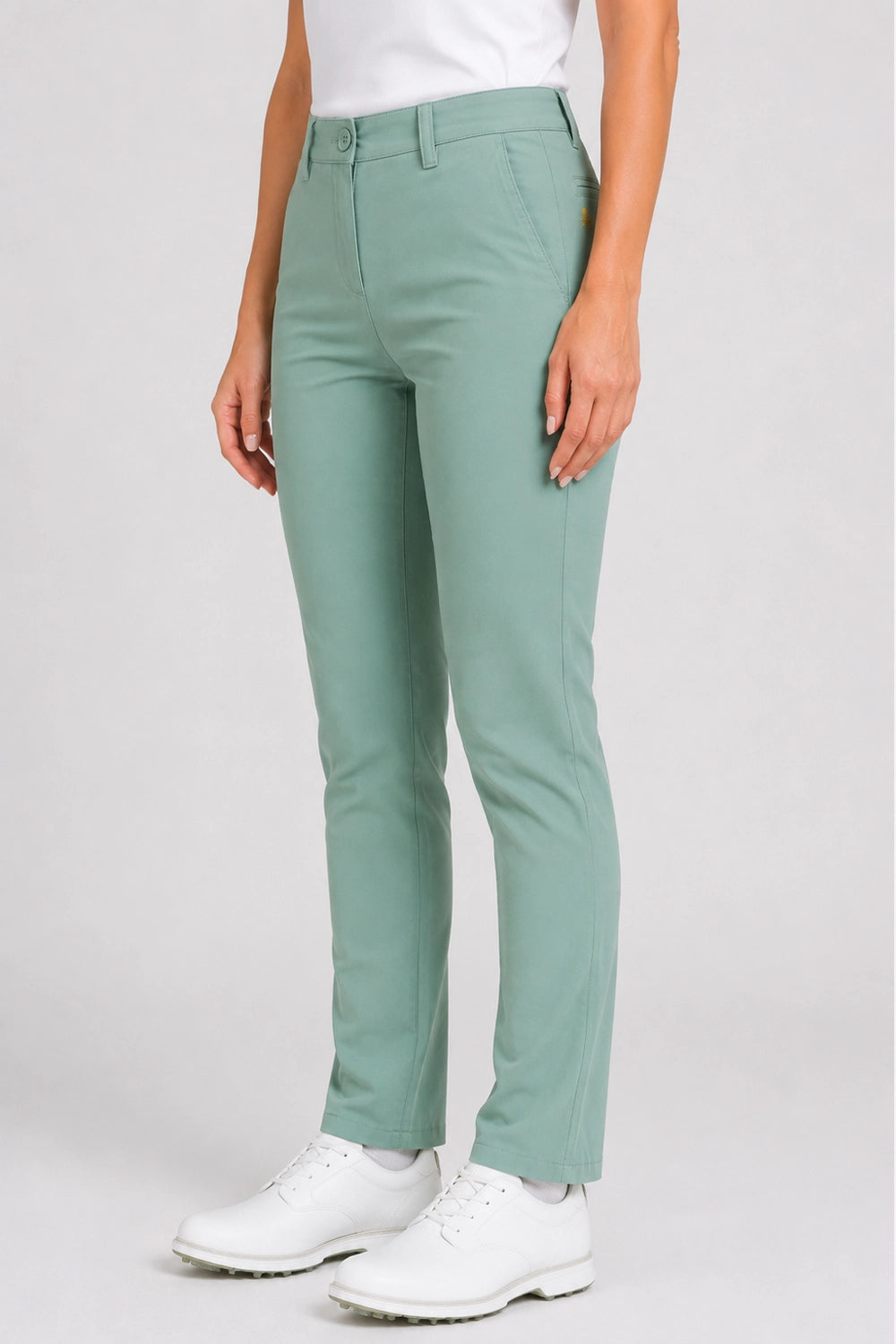 Pantalon chino de golf femme vert menthe, taille à passants, jambes longues