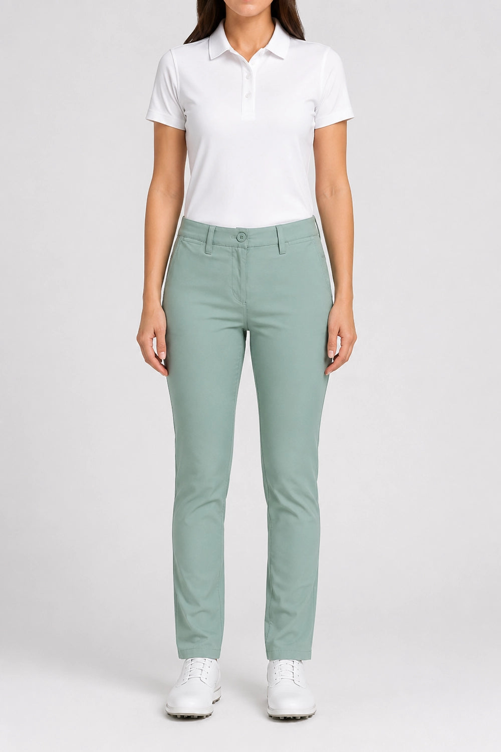 Pantalon chino de golf femme vert menthe, devant, poches discrètes et bouton