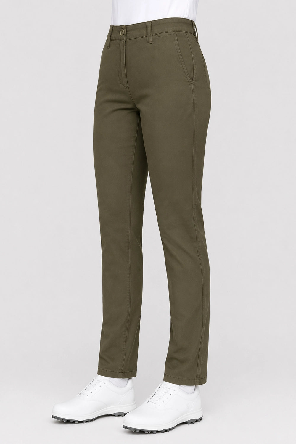 Pantalon chino de golf femme kaki foncé, coupe droite, passants et poches