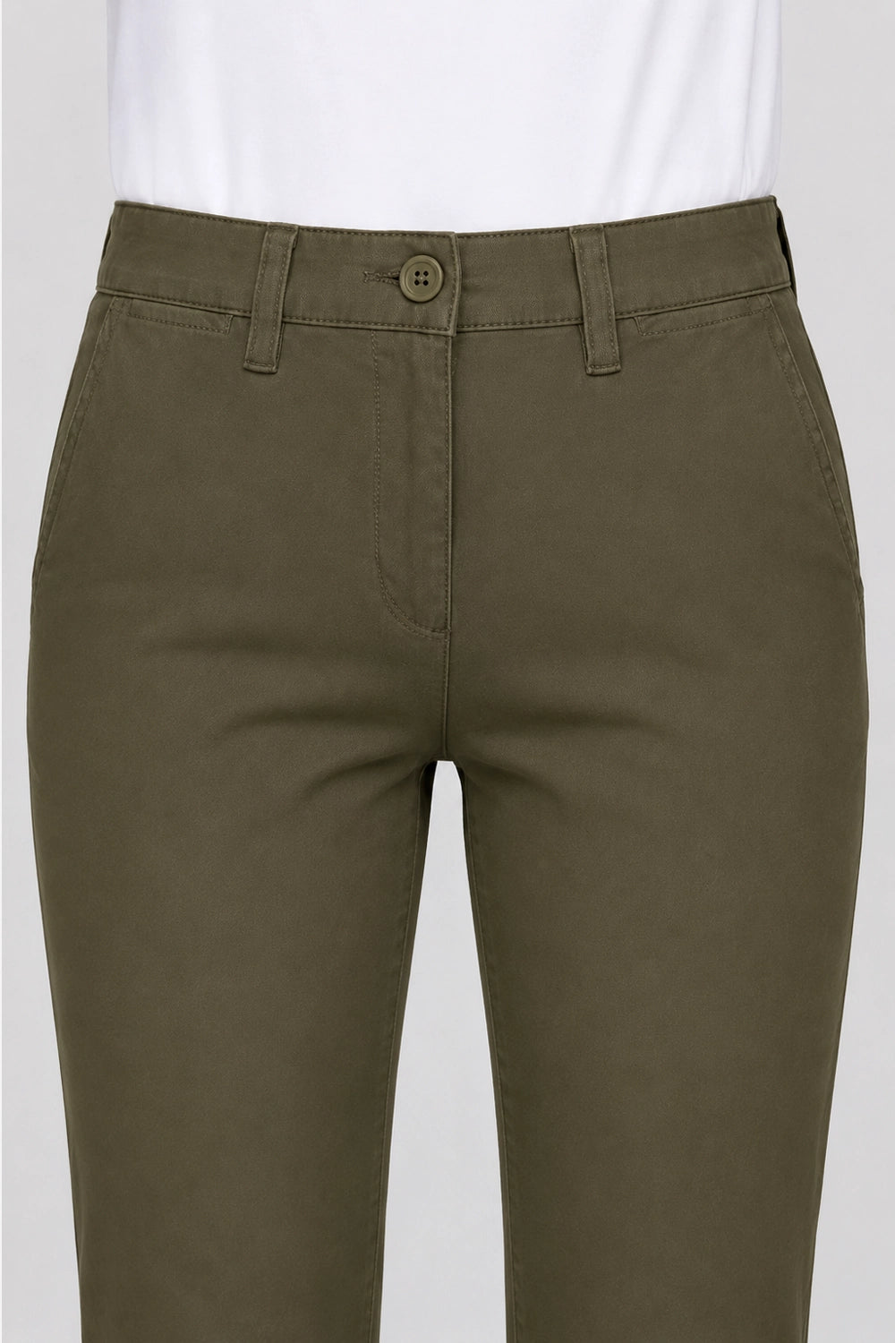 Pantalon chino de golf femme kaki, taille avec bouton et passants, coutures visibles