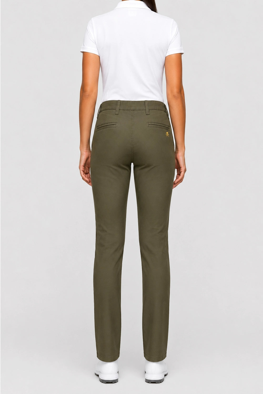 Pantalon chino de golf femme kaki foncé, vue arrière, taille travaillée