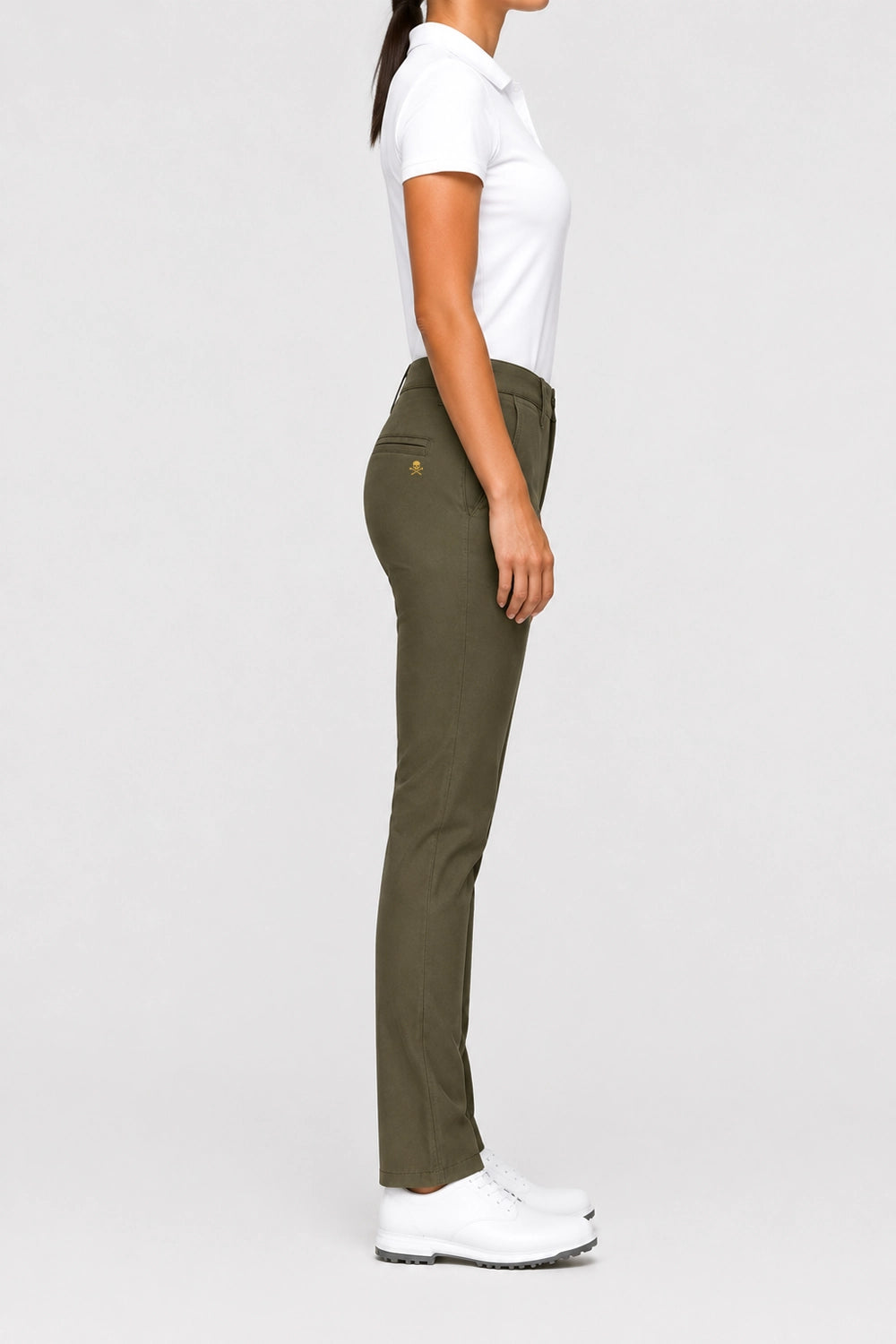 Pantalon chino de golf femme kaki foncé, vue de côté, jambes droites et ourlet