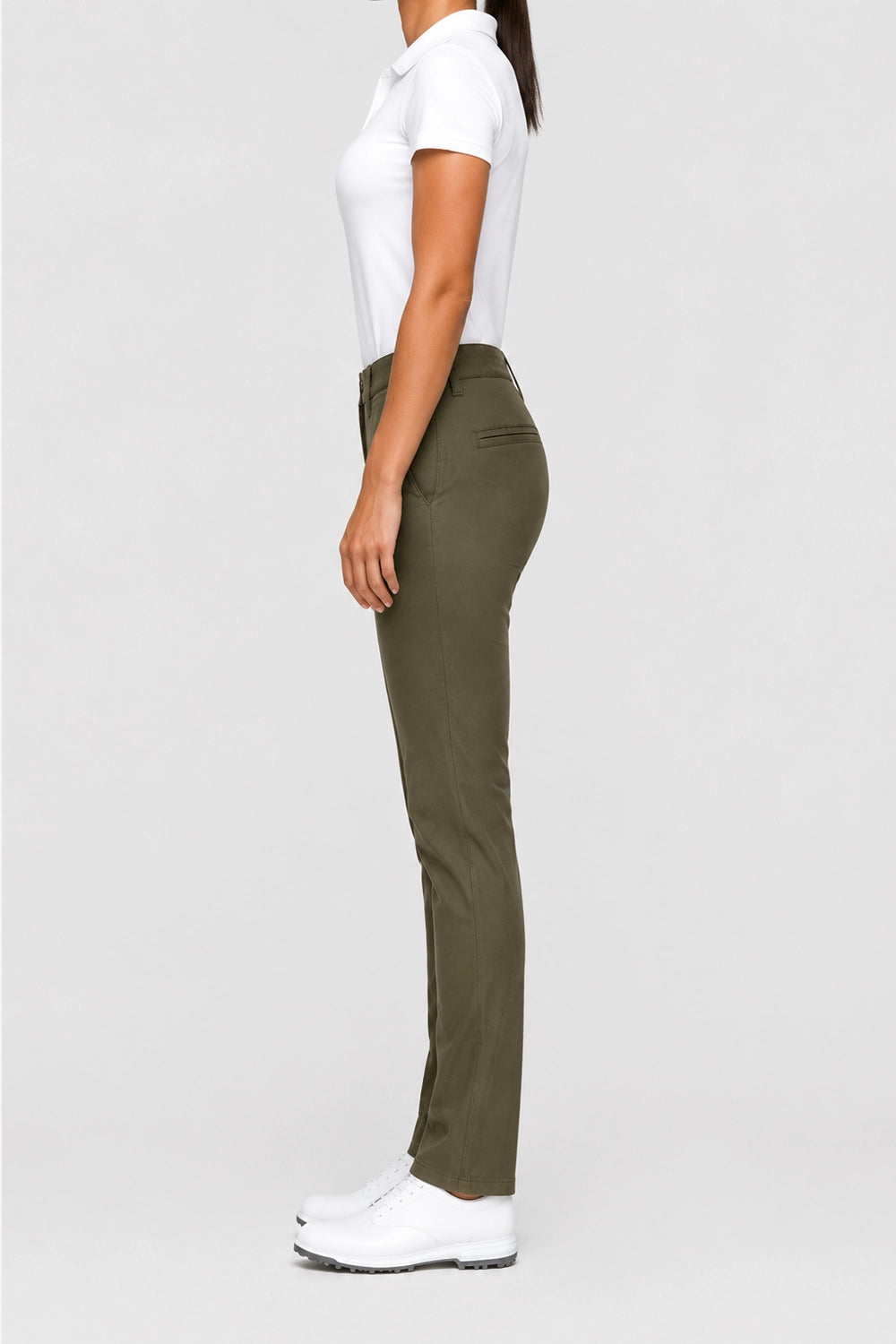 Pantalon chino femme de golf vert foncé, coupe droite, passants et poches, taille boutonnée