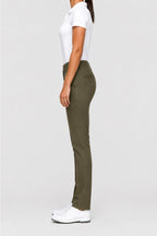 Pantalon chino femme de golf vert foncé, coupe droite, passants et poches, taille boutonnée