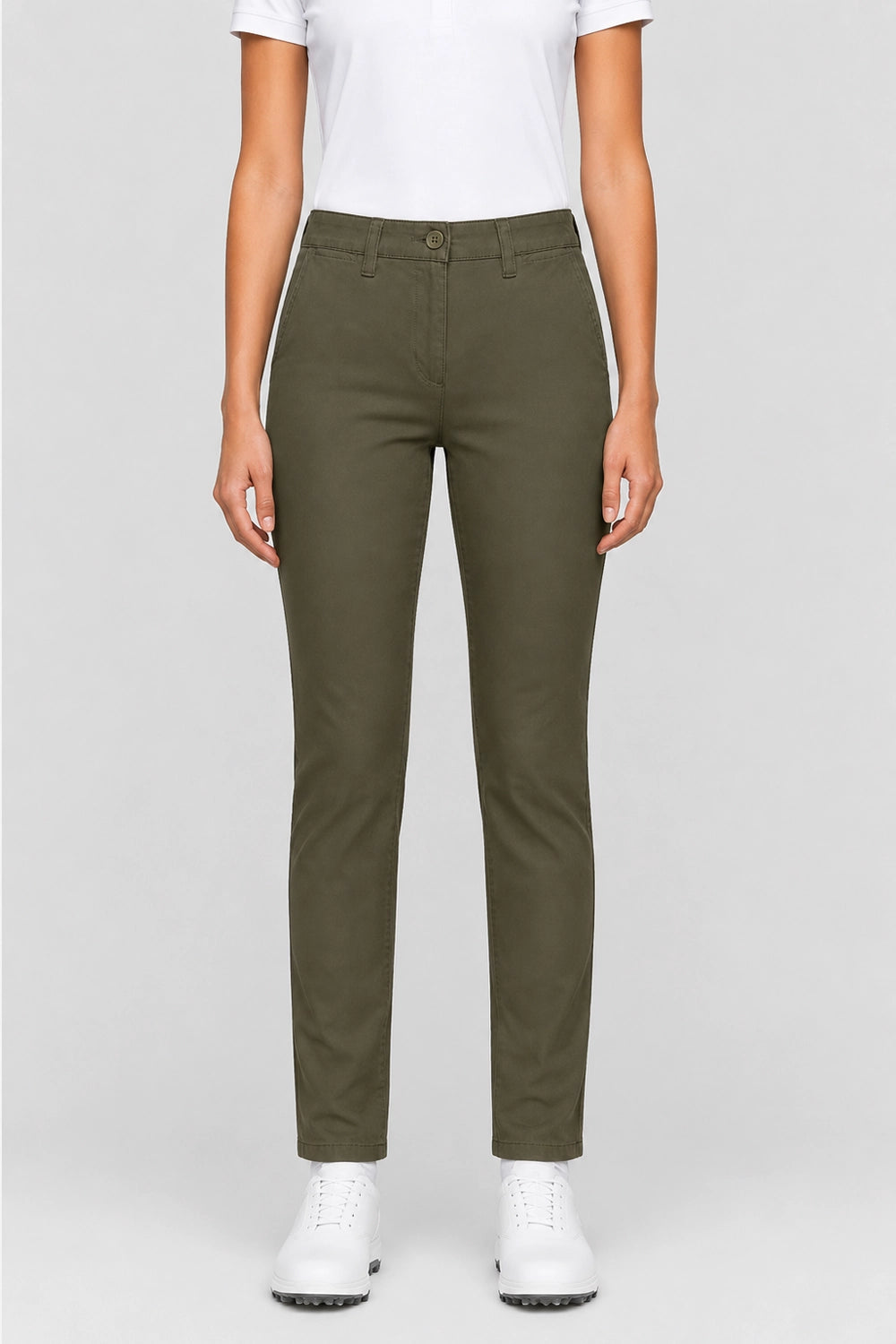 Pantalon chino femme de golf vert foncé, taille boutonnée, poches avant, jambe droite