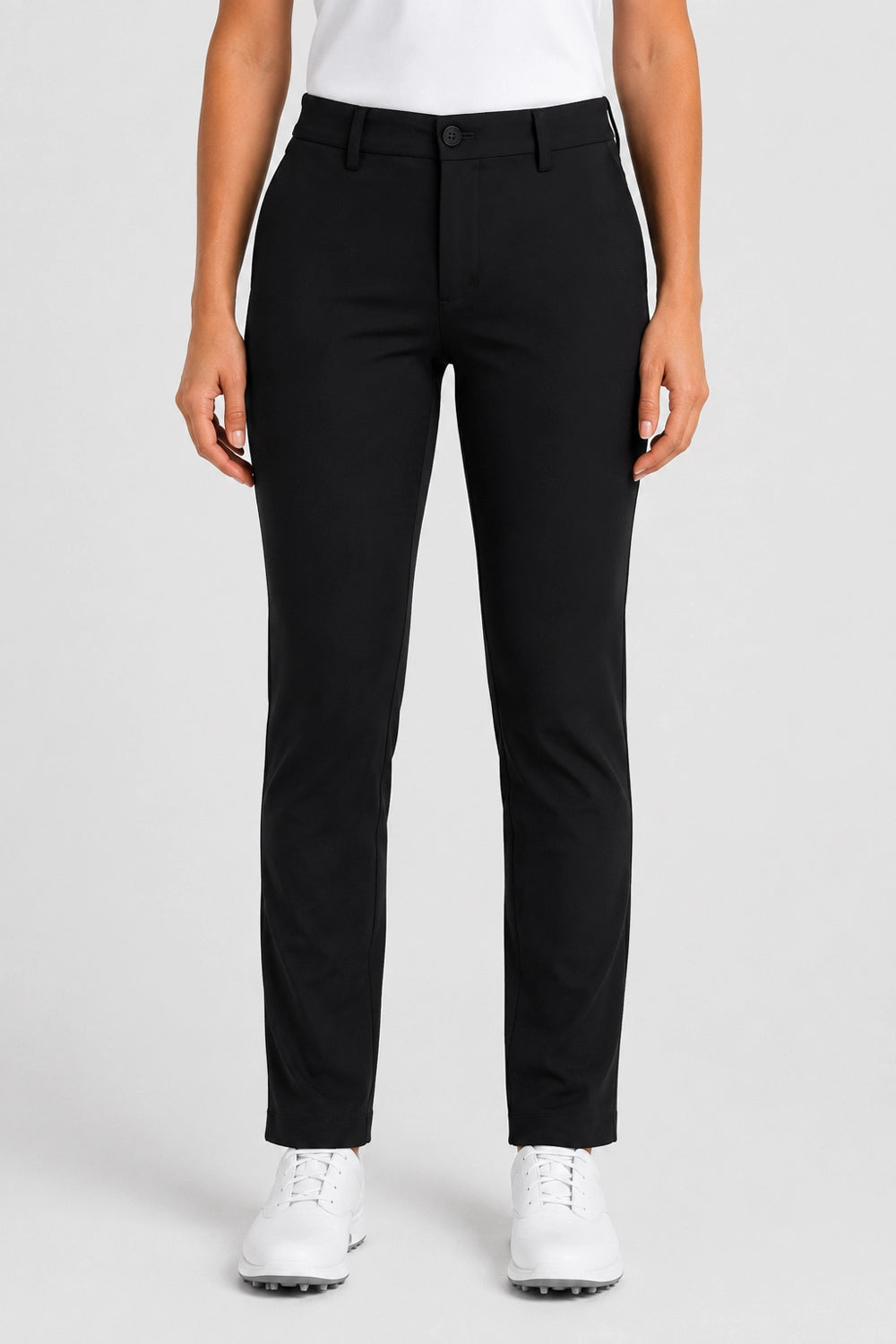 Pantalon de golf femme noir, taille à passants, jambes droites, poches discrètes.