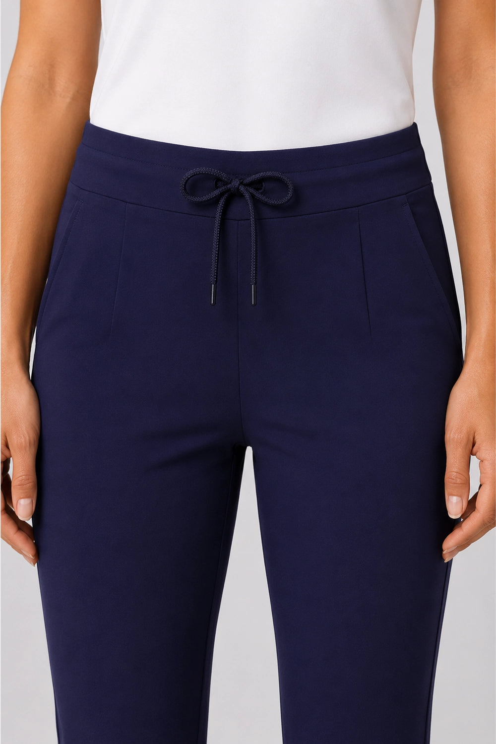 Pantalon de golf stretch femme bleu marine, taille élastique avec cordon à nouer