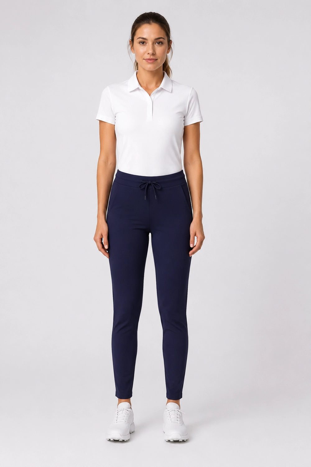 Pantalon de golf stretch femme bleu marine, tenue complète avec bas ajusté