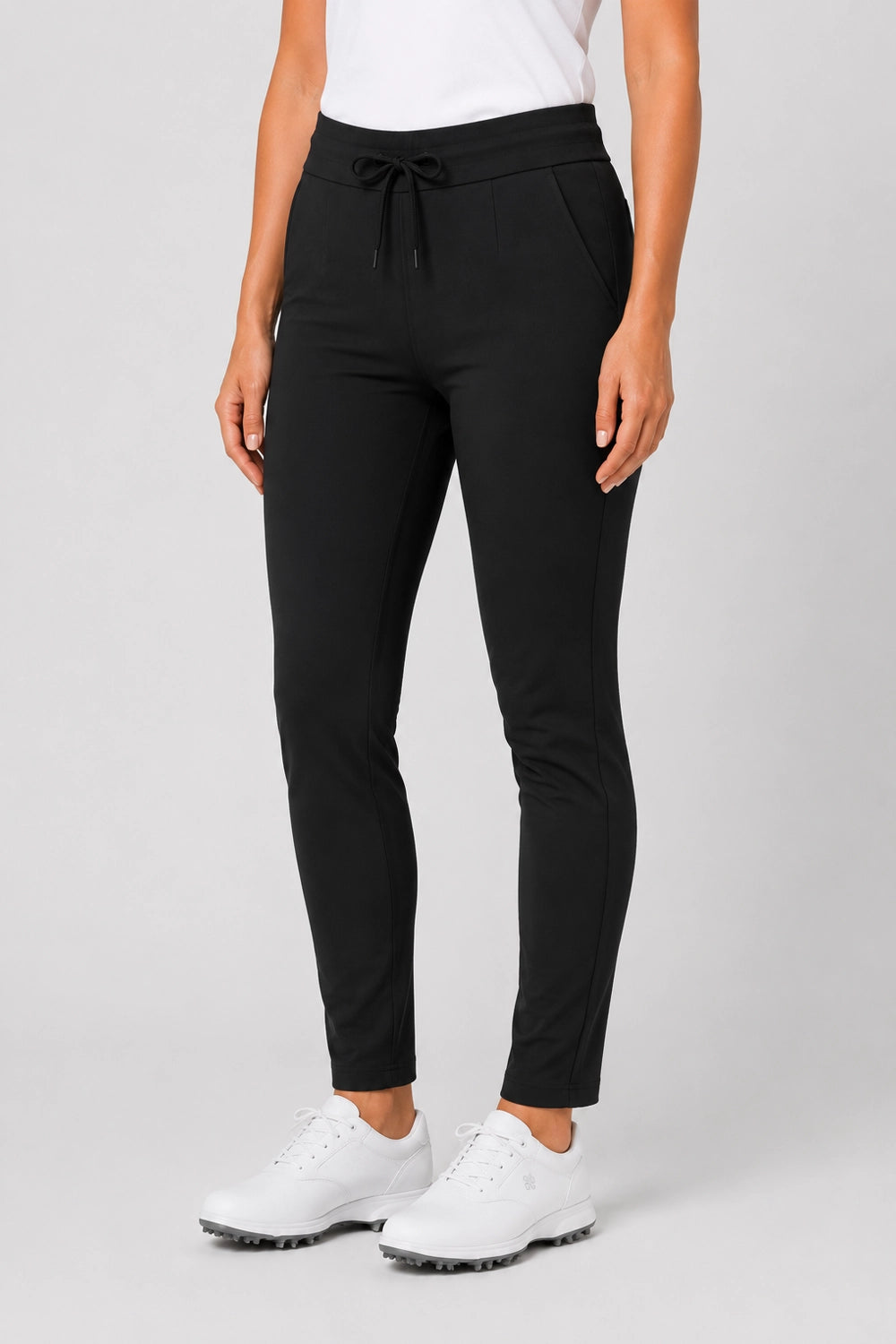 Pantalon de golf stretch femme noir, taille élastique avec cordon à nouer