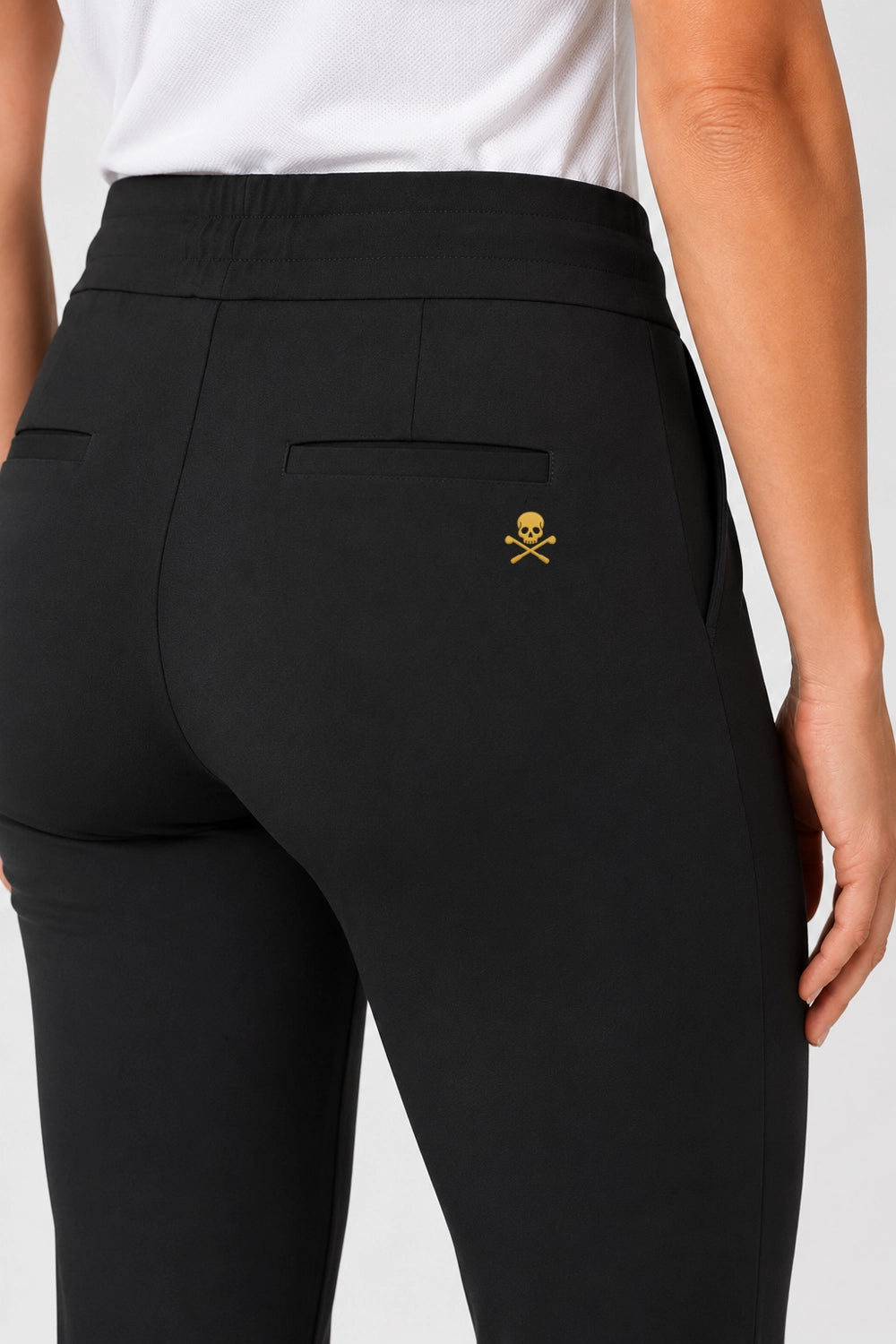 Pantalon de golf stretch femme noir, poche arrière et petit logo brodé