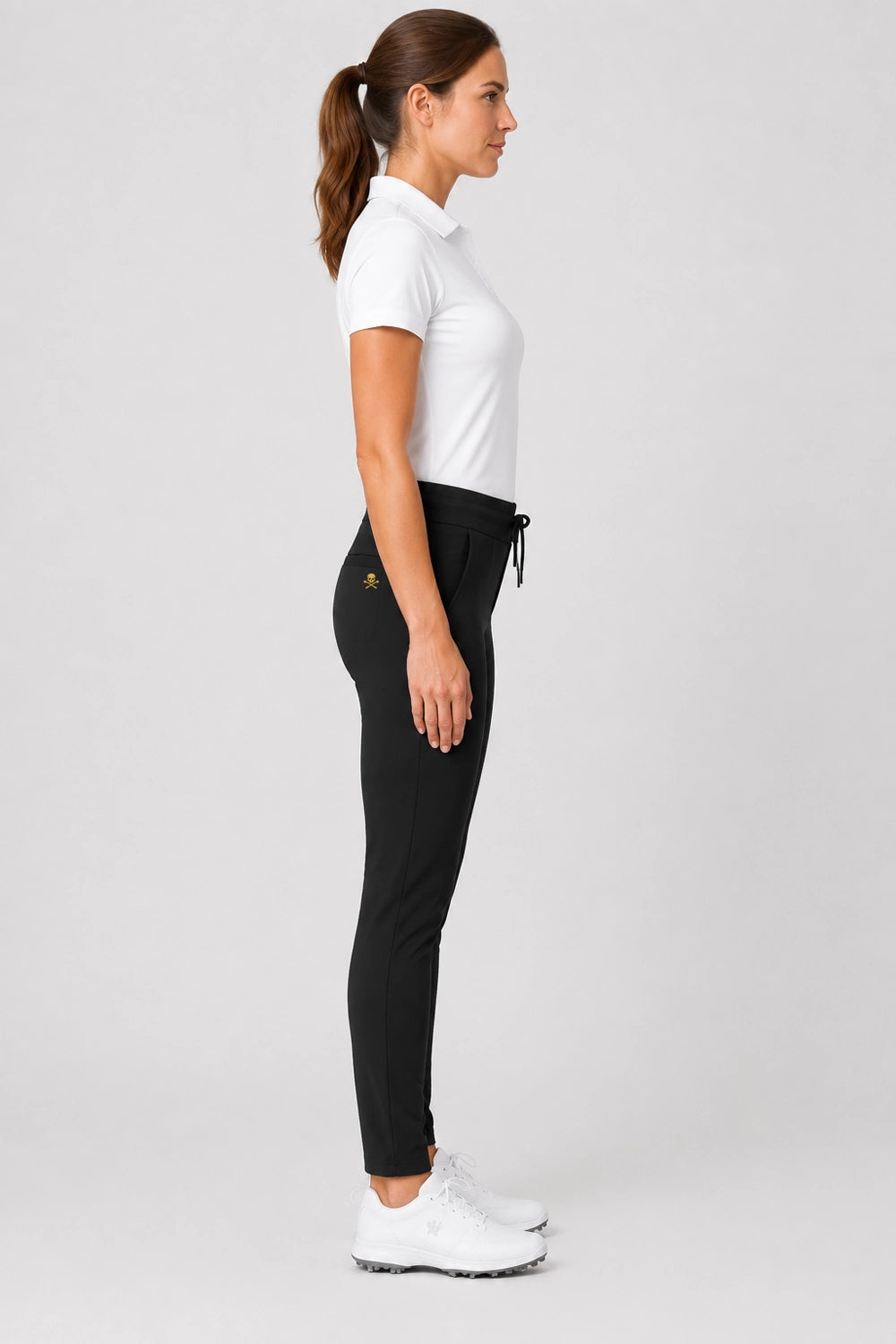 Pantalon de golf stretch femme noir, cordon à la taille, jambe ajustée