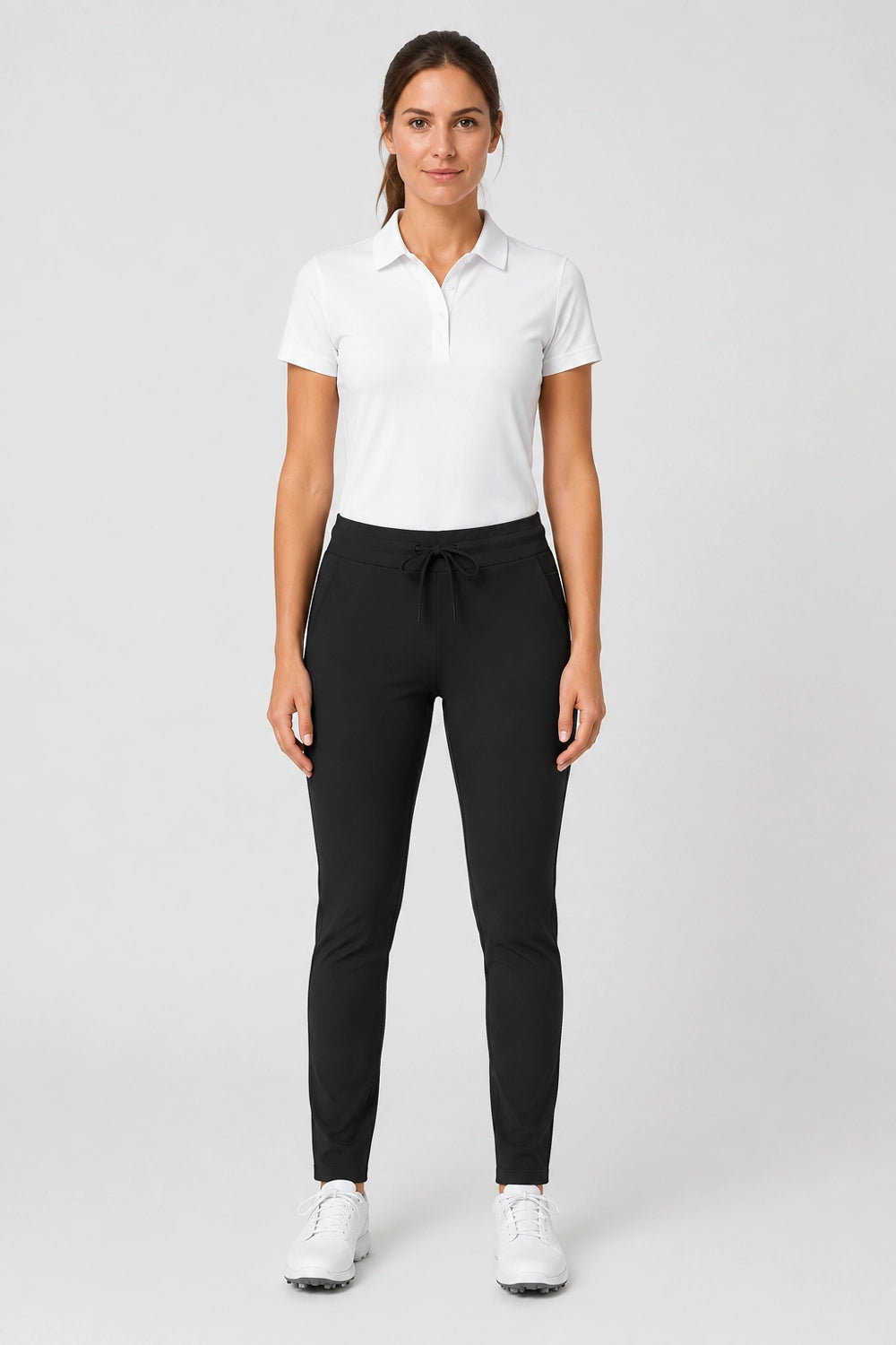 Pantalon de golf stretch femme noir, taille à cordon, coupe près du corps