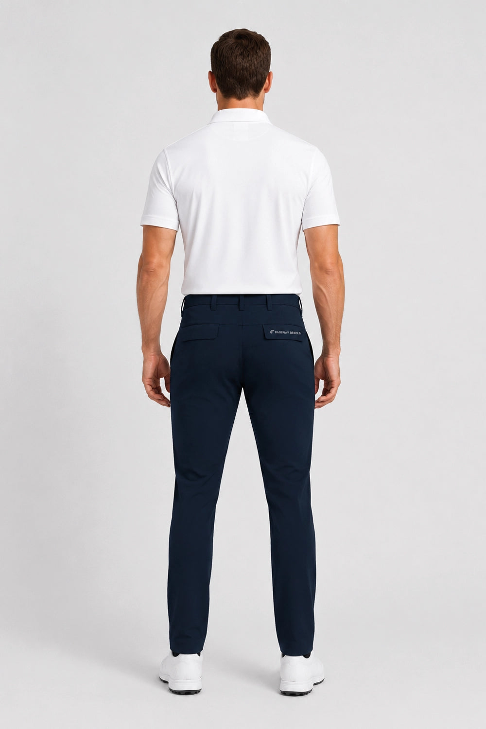 Pantalon de golf déperlant bleu marine homme, vue de dos, fermeture ceinture et pinces