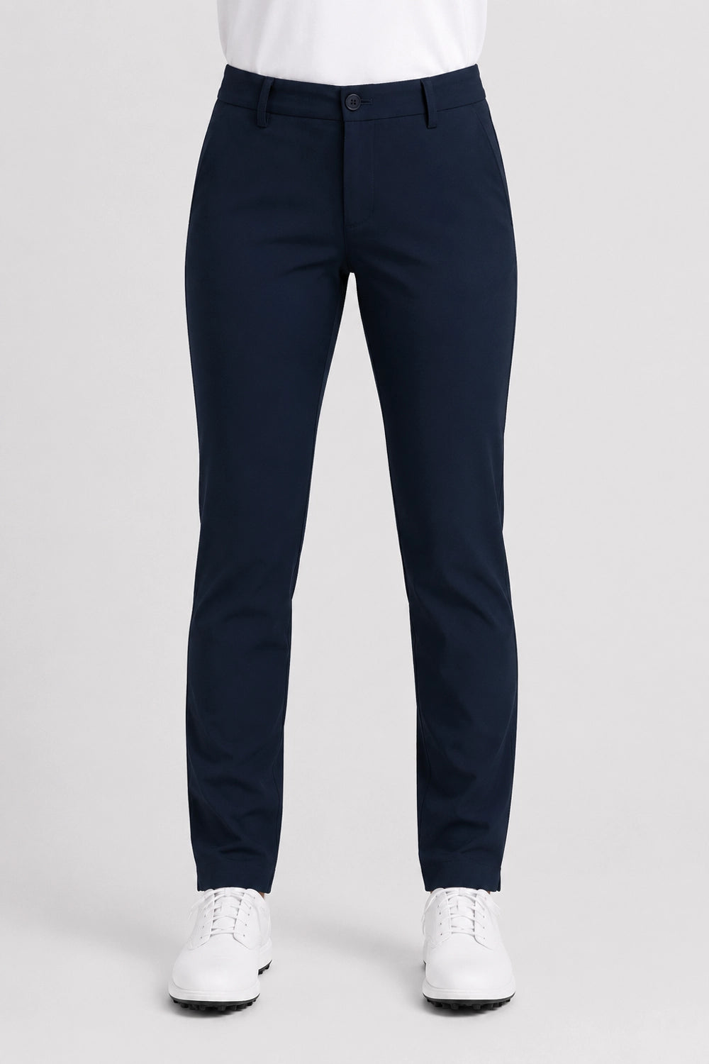 Pantalon de golf déperlant bleu marine homme, vue de face, jambes fuselées et ourlet
